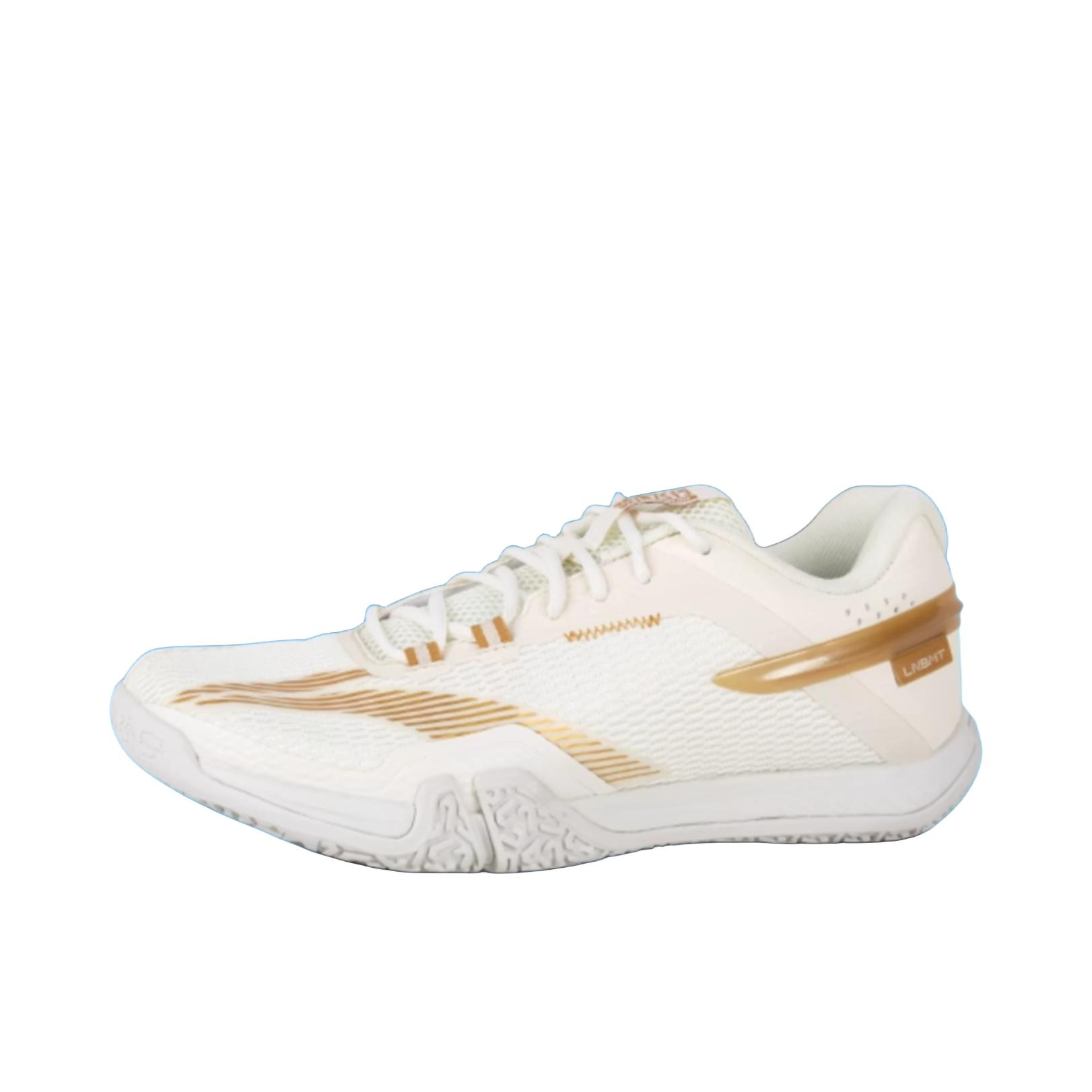 推荐商品：李宁 贴地飞行Lite 羽毛球鞋 训练鞋 比赛鞋 系带织物合成革防滑耐磨回弹包裹性支撑透气 李宁 米白色/古法金