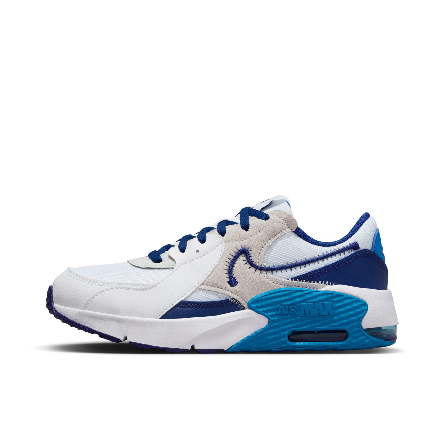 推荐商品：Nike Air Max Excee 跑鞋 防滑耐磨舒适缓震网面透气气垫复古支撑织物合成革圆头贴合抓地 GS/白色/蓝色