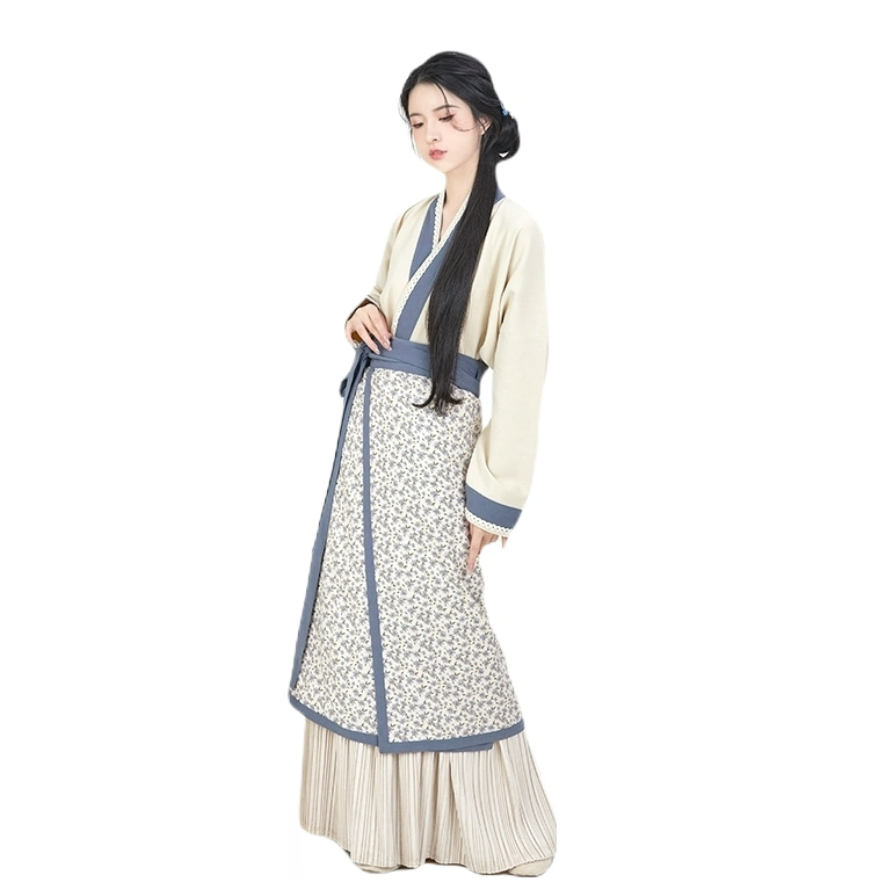 推荐商品：织造司 海棠 宋制飞机袖上衣旋裙汉服 女装 蓝飞机袖+蓝旋裙+米褶裙/三件套