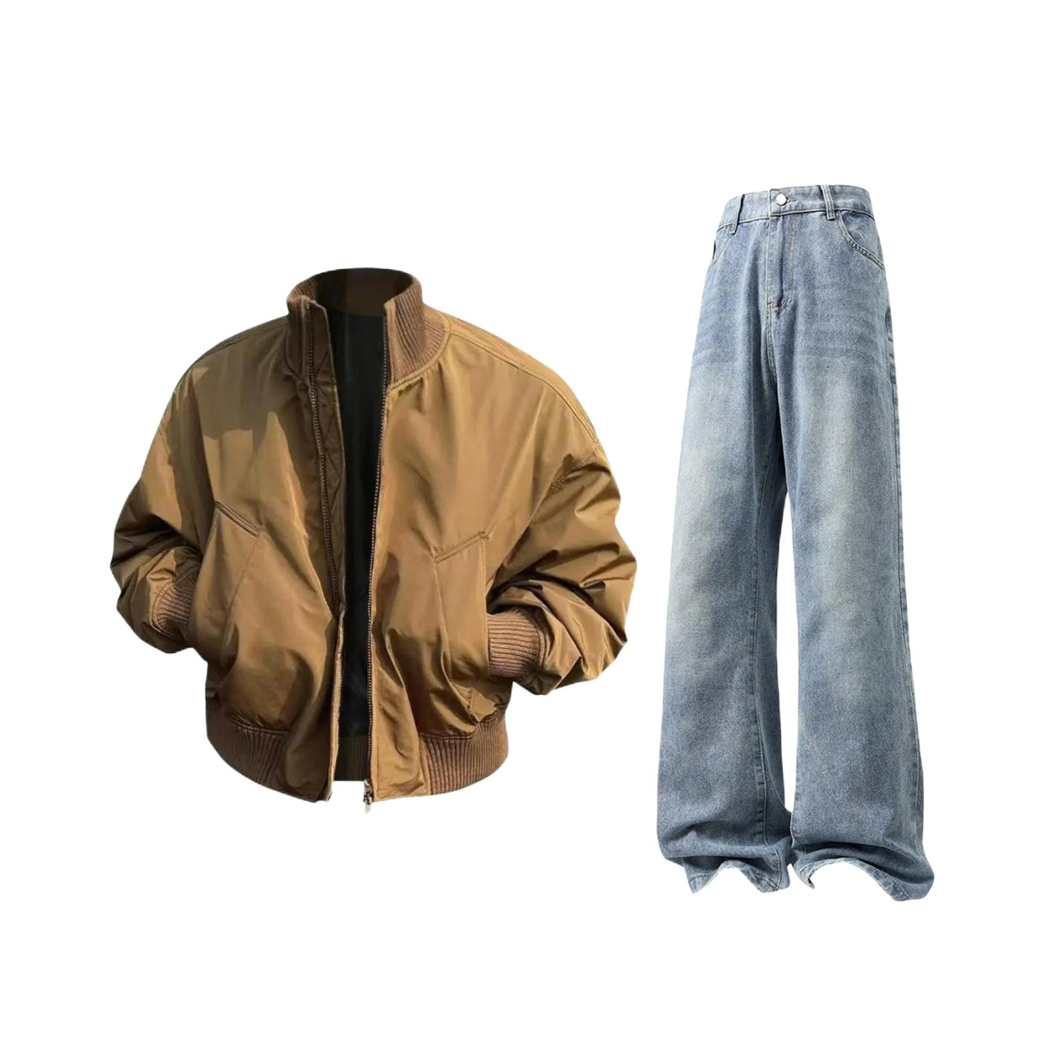 推荐商品：MOZHILING 口袋立领短款落肩运动套装 MZLA02HJ25589-A01 棕夹克+浅蓝牛仔裤