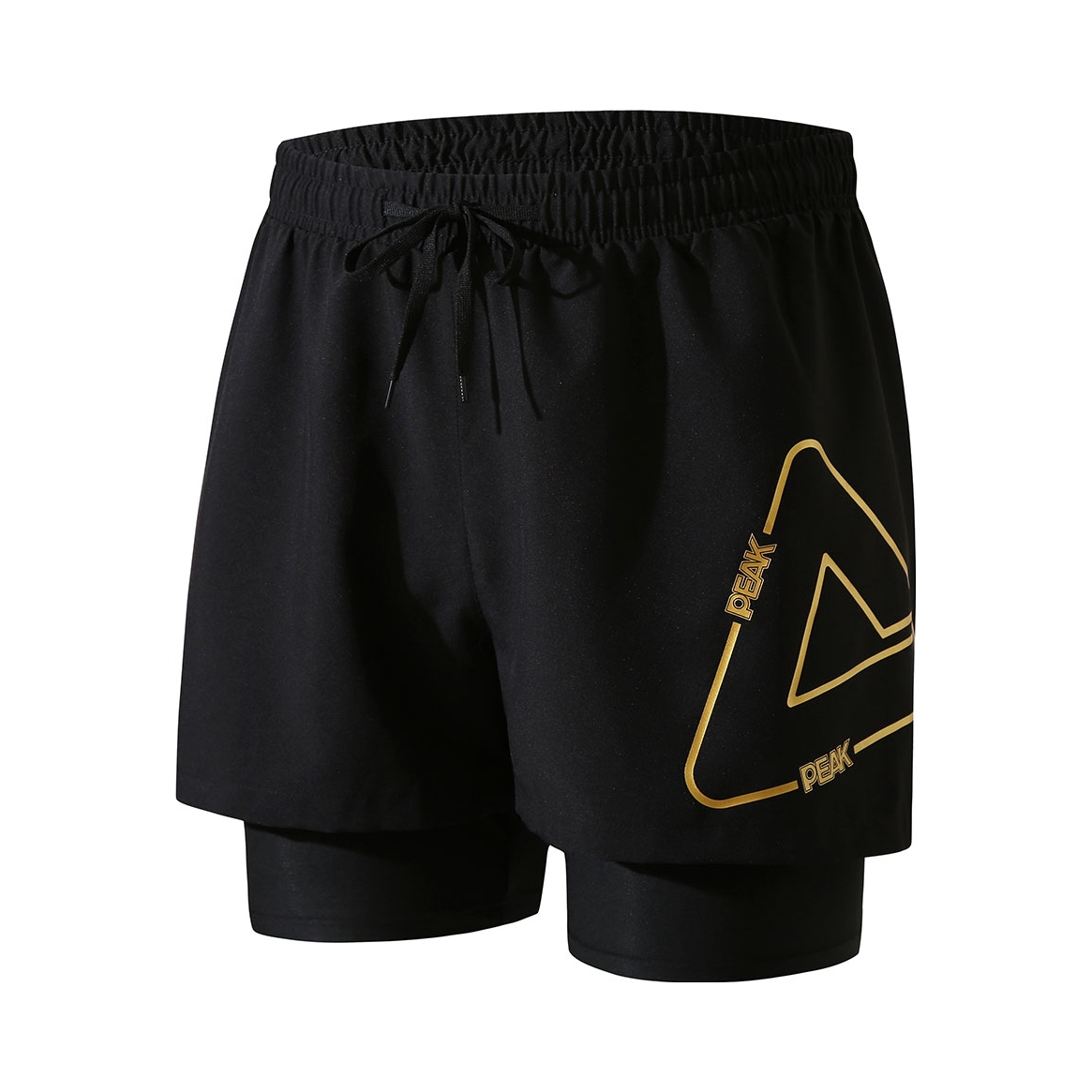 推荐商品：Peak/匹克 假两件大三角双层聚酯纤维速干平角防尴尬泡温泉海边泳池游泳装备五分泳裤 YS03108 黑/黄标