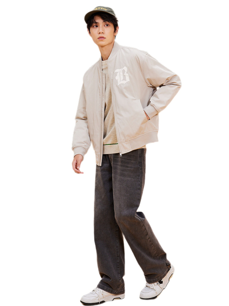 推荐商品：美特斯邦威 商务绣花棒球领棉服 637024 浅露灰