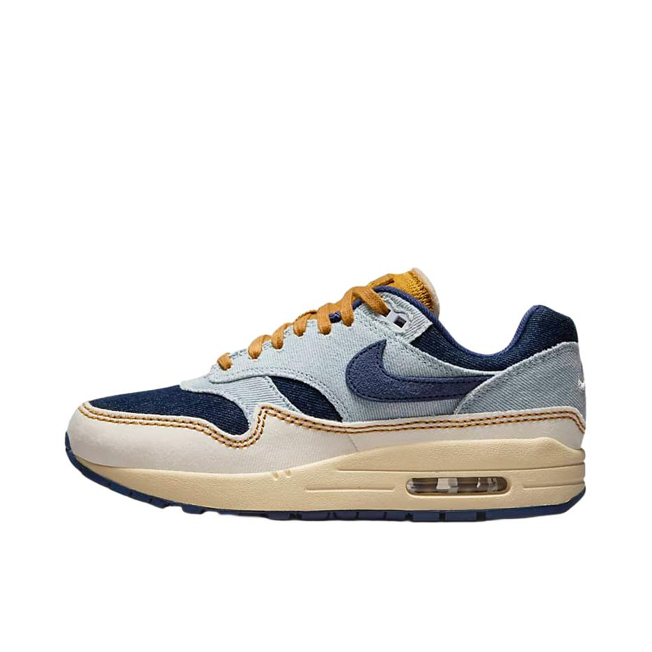推荐商品：Nike Air Max 1 跑鞋 气垫缓震透气轻便复古运动舒适百搭潮流耐磨低帮训练防滑冬季支撑马拉松防水抓地圆头耐穿 蓝色/棕色