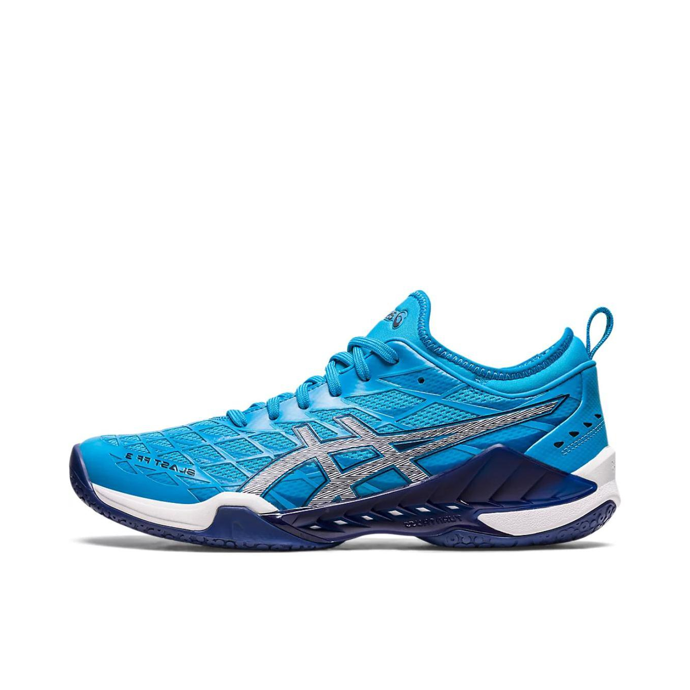 推荐商品：制胜球场 Asics/亚瑟士 Blast FF 3 羽毛球鞋 回弹防滑耐磨舒适透气轻便稳定 训练 缓冲 全掌 蓝色/白色