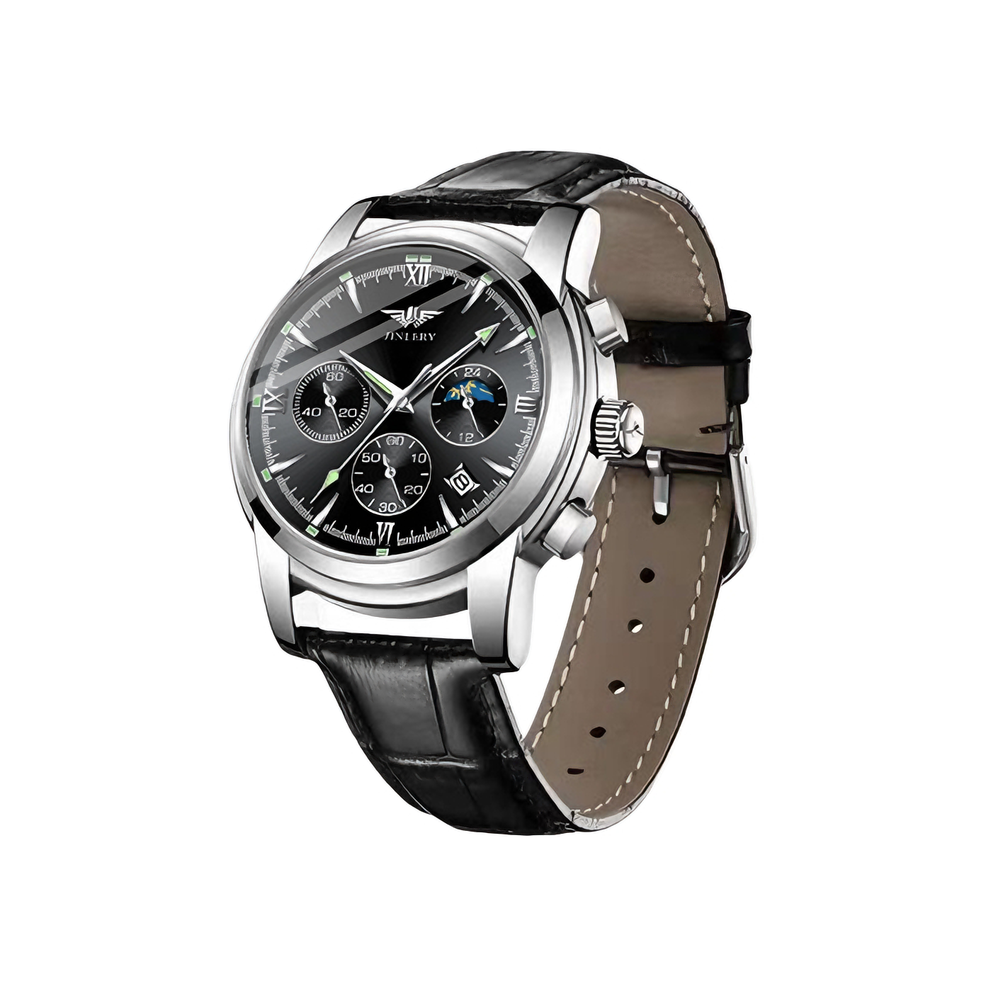 推荐商品：JINLERY/精利 日月星辰系列 41mm机械走秒三眼六针计时夜光防水PU表带石英男士手表