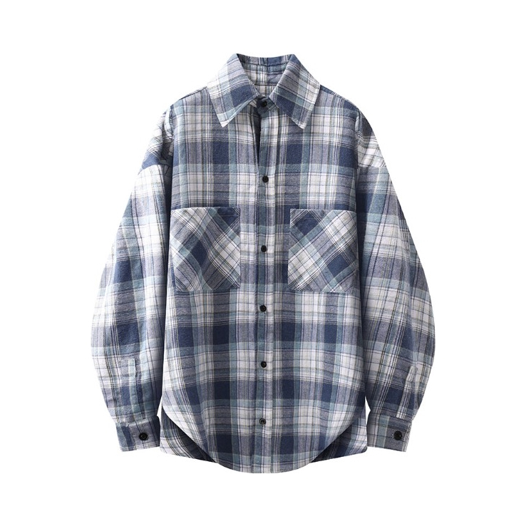 推荐商品：Babugge 复古磨毛长袖格子衬衫原创设计开衫情侣上衣衬衫 男女同款 蓝色