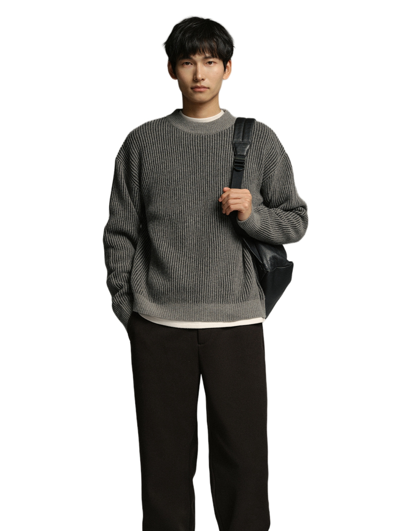 推荐商品：THESSNCE  纯羊毛双鱼鳞立体间色坑条套头毛衣 T23D256510 雾隐灰