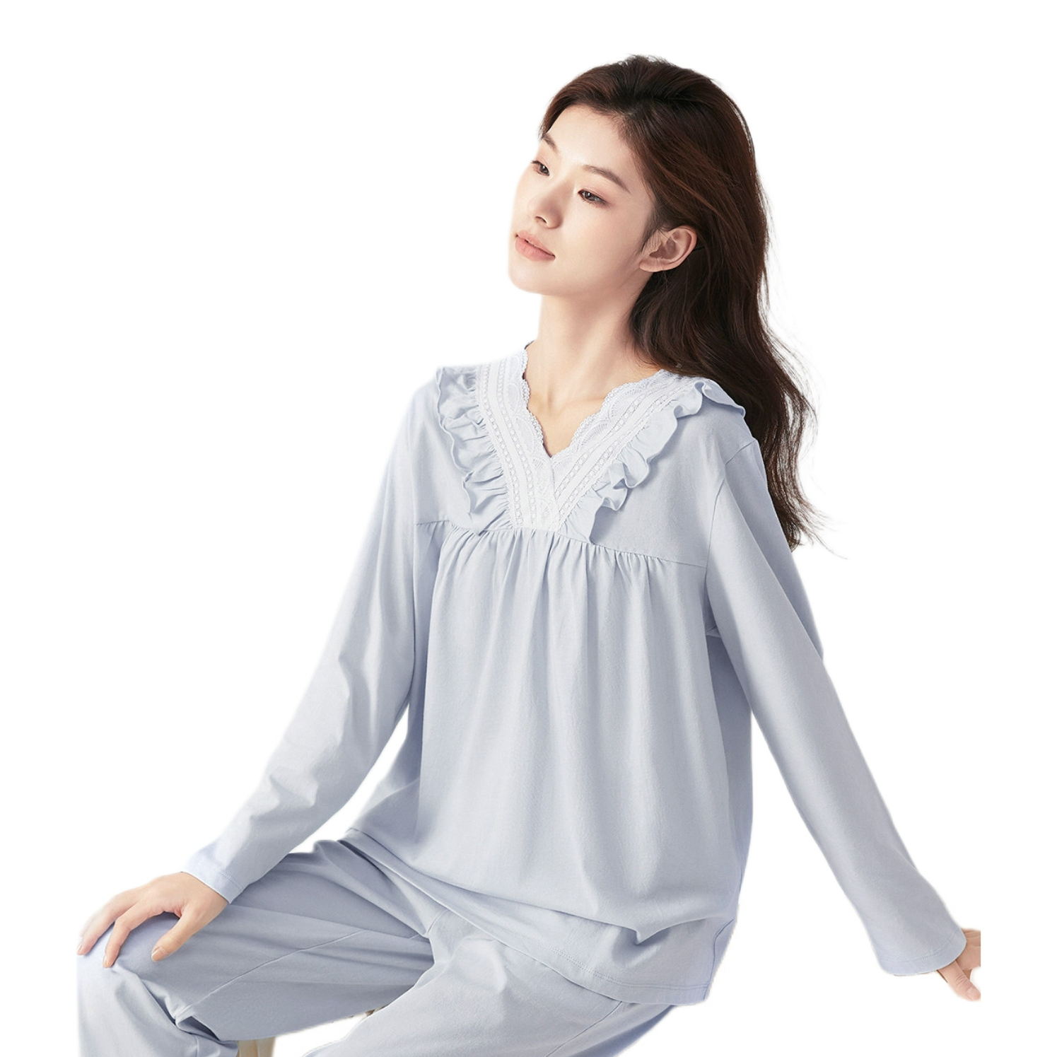 推荐商品：顶瓜瓜 法式浪漫100%棉蕾丝睡衣 女装 DJJWC-AQW21814 卷舒蓝