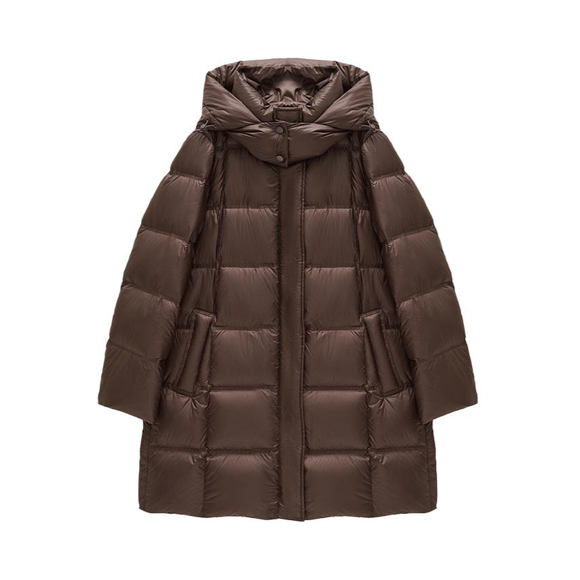 推荐商品：INSUN/恩裳  雅丹老钱风面包格鹅绒羽绒服 女装 9C64508530 咖啡