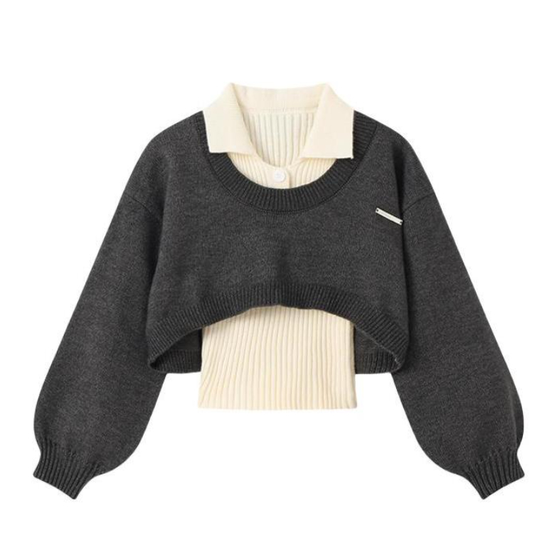 推荐商品：BDGU 学院风短款针织背心长袖休闲套装 女装 DGF081939 深灰 