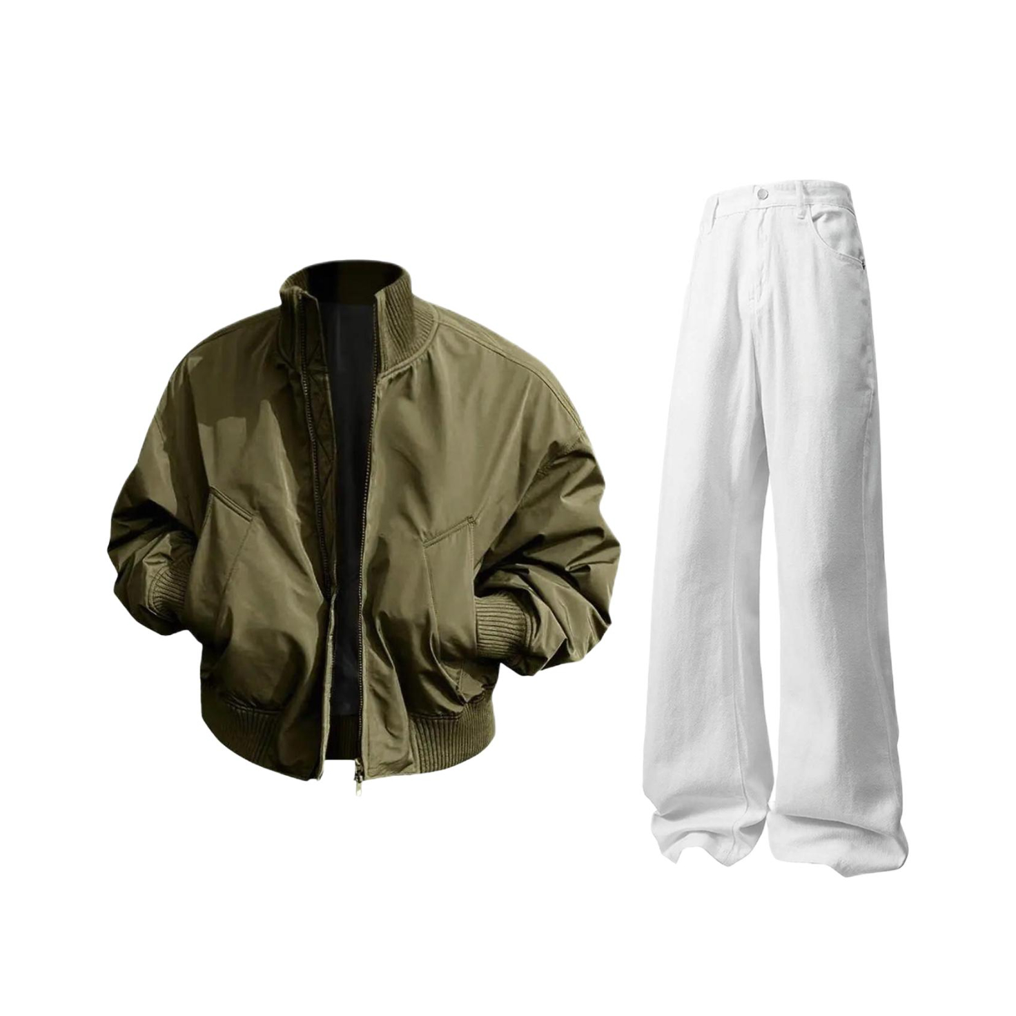 推荐商品：MOZHILING 口袋立领短款落肩运动套装 MZLA02HJ25589-A01 军绿夹克+白牛仔裤