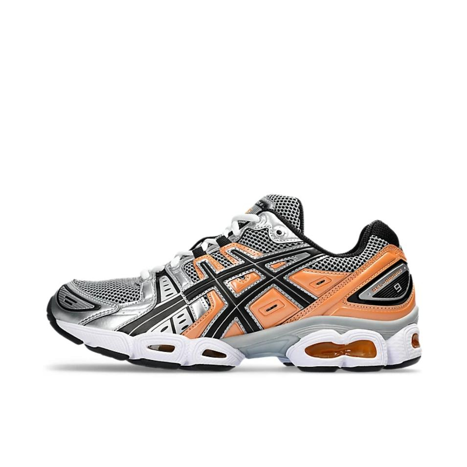 推荐商品：Asics/亚瑟士 Gel-Nimbus 9 跑鞋 减震回弹防滑耐磨网布透气合成革复古百搭圆头 银色/橙色/黑色