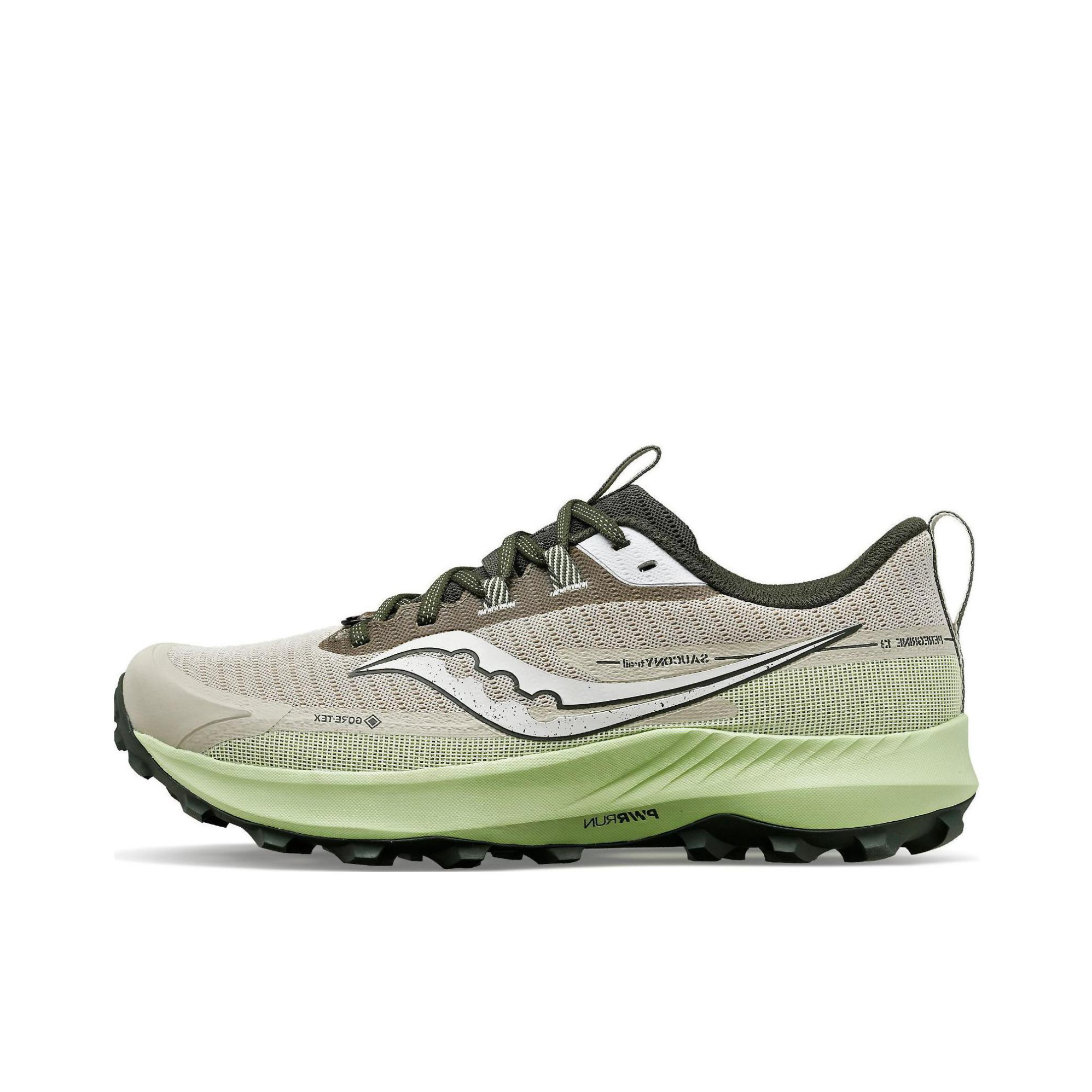 推荐商品：Saucony/索康尼 Peregrine 游隼13 户外越野 舒适缓震 网布透气 防滑耐磨 稳定 跑山 跑鞋 绿色/灰色