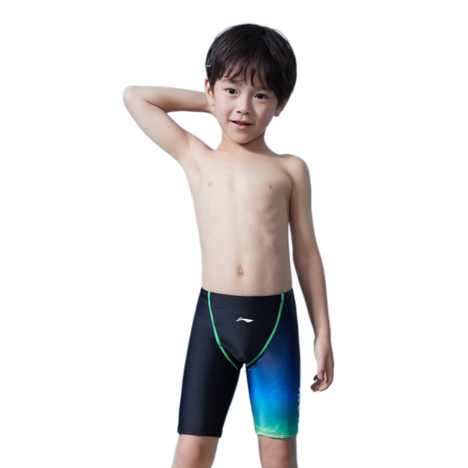 推荐商品：李宁童装 抽绳速干印花五分泳裤 男中大童 LNKT767 黑绿祥云