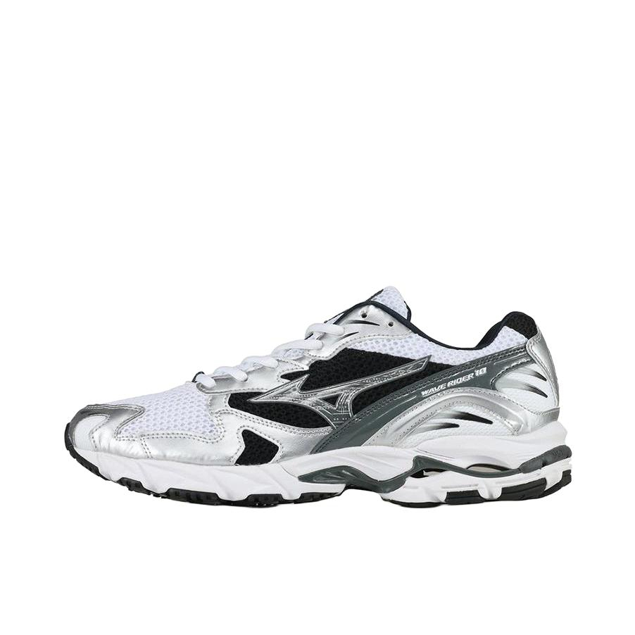 推荐商品：Mizuno/美津浓  Wave Rider 10  经典减震 防滑耐磨 轻便  网布 透气 织物 复古 合成革 运动  跑鞋 白色/黑色