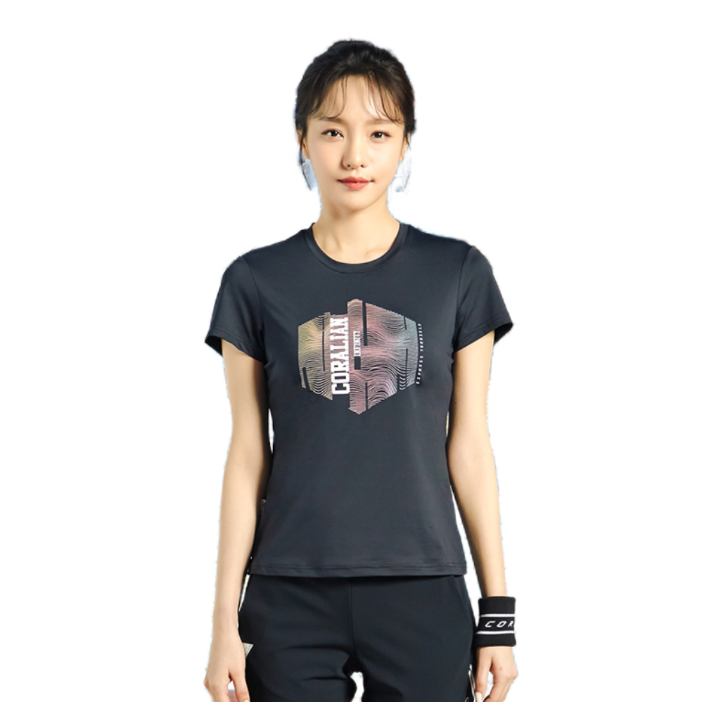 推荐商品：coralian/可莱安 透气速干印花修身短袖羽毛球服 男女同款 CRT-C1171 女款/浅灰