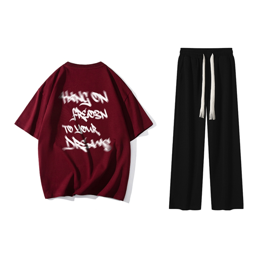 推荐商品：FREO3N  字母Logo印花短袖运动直筒休闲裤套装 男女同款 YHBM1817T180 54-CK669 酒红 + 黑