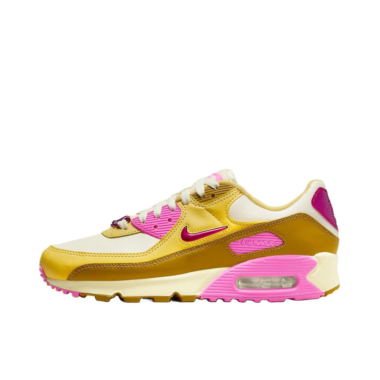 推荐商品：Nike Air Max 90 跑鞋 气垫合成革缓震透气复古增高圆头贴合拼接 黄色/粉色