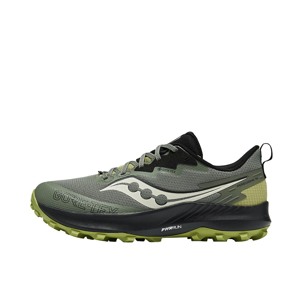 推荐商品：Saucony/索康尼 Peregrine 游隼 14 减震防滑 耐磨防水 织物 跑山 马拉松 越野 跑鞋 橄榄绿色/黑色
