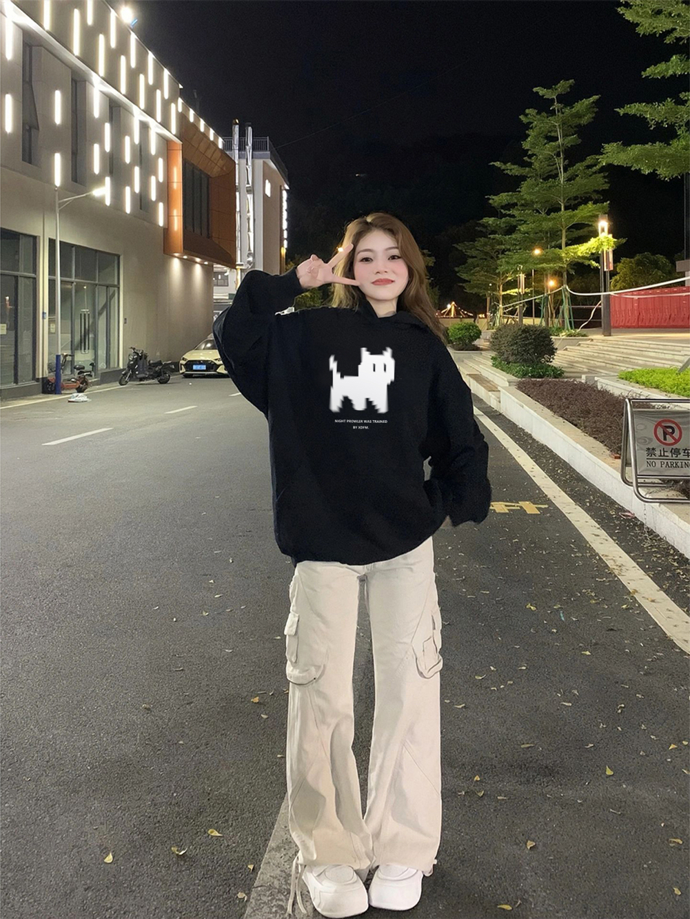 XDFM 美式连帽卫衣小猫印花重磅长袖高街帽衫oversize小众上衣