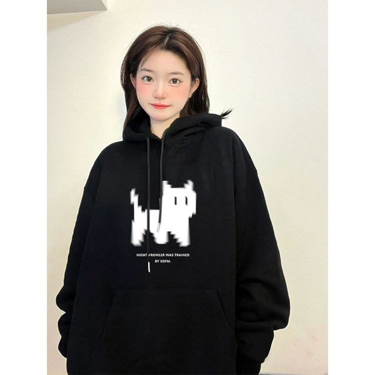 XDFM 美式连帽卫衣小猫印花重磅长袖高街帽衫oversize小众上衣