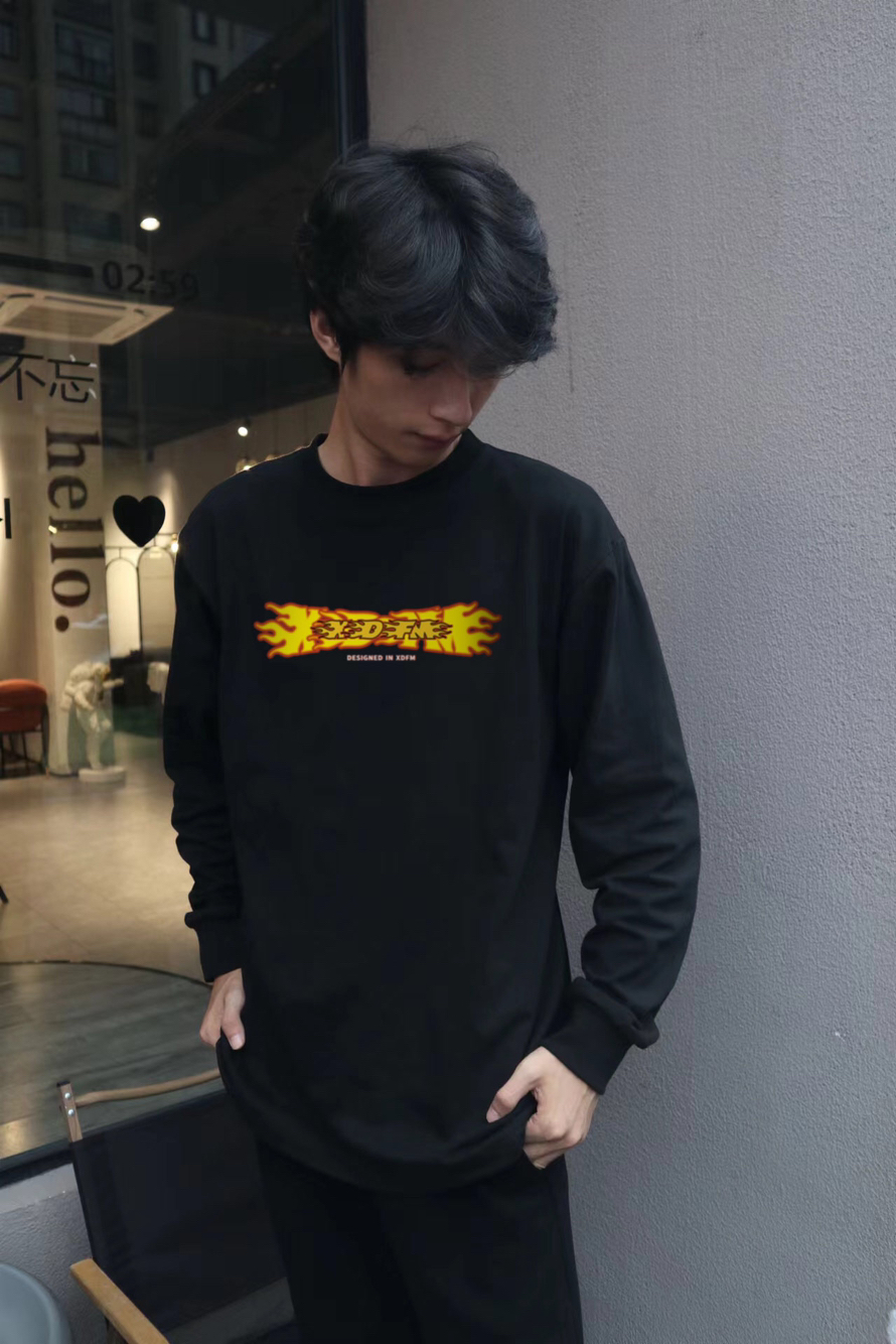 XDFM 美式长袖T恤字母火焰印花打底衫纯棉重磅vintage高街上衣