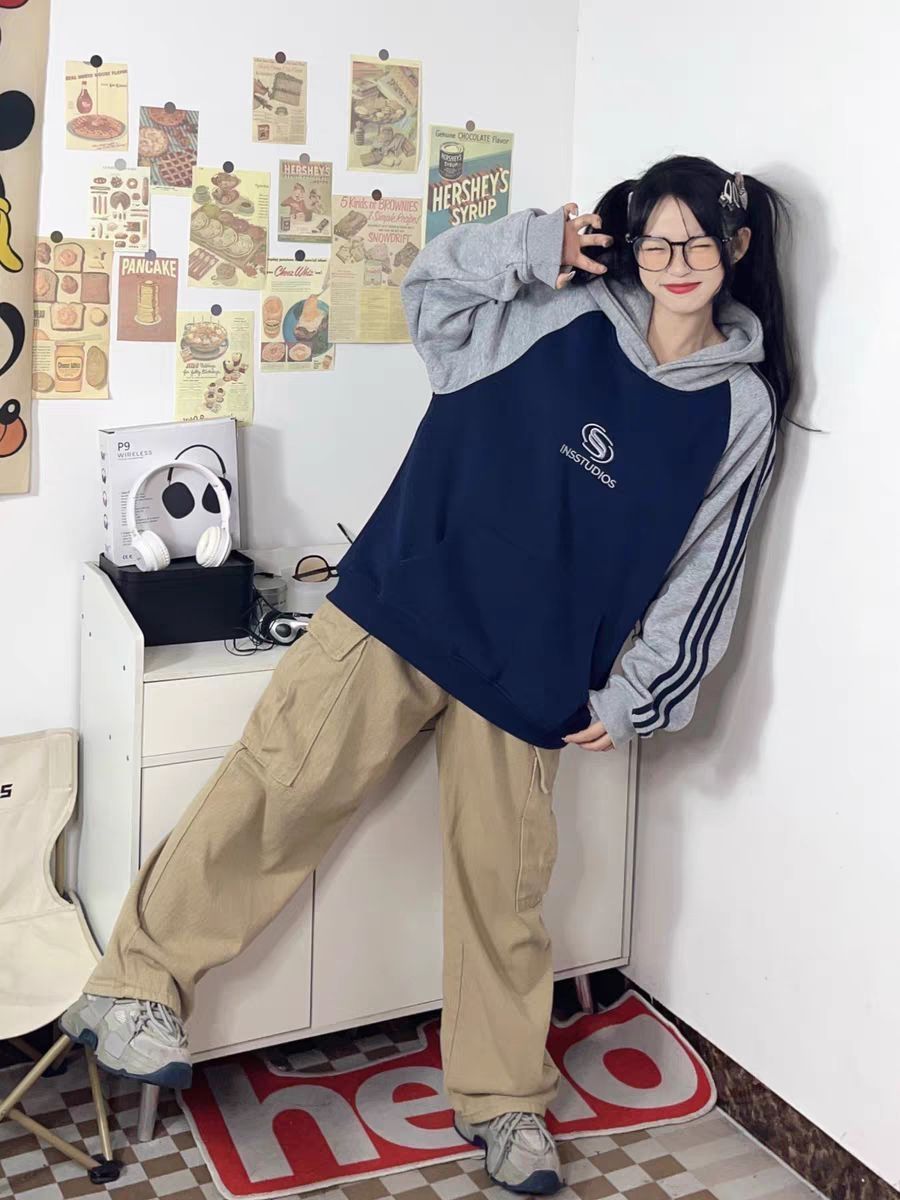 💥INSstudios 撞色插肩条纹加绒连帽卫衣，你值得拥有！