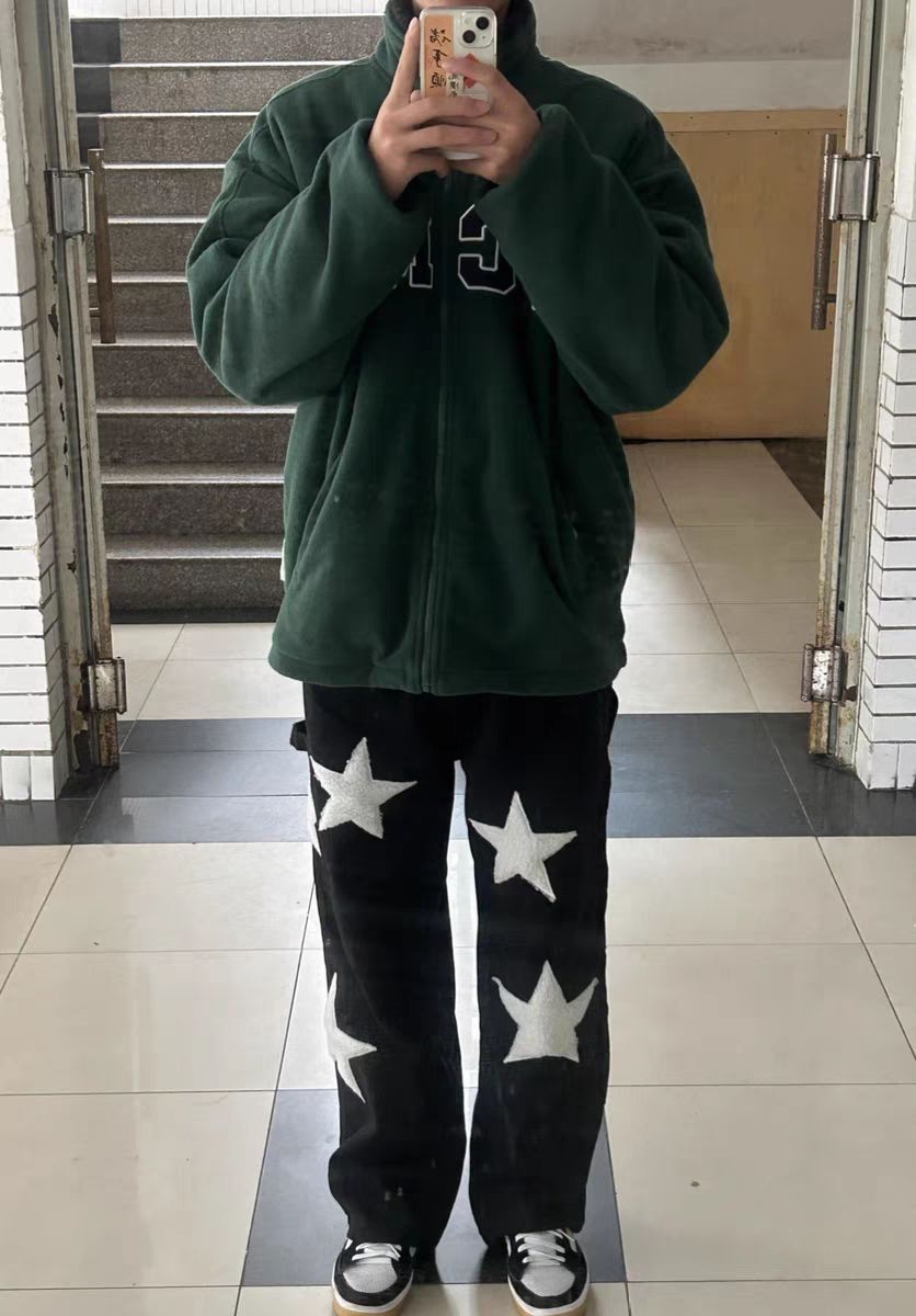 TEDDYISLAND五角星植绒刺绣牛仔裤潮牌新款宽松休闲直筒裤阔腿裤