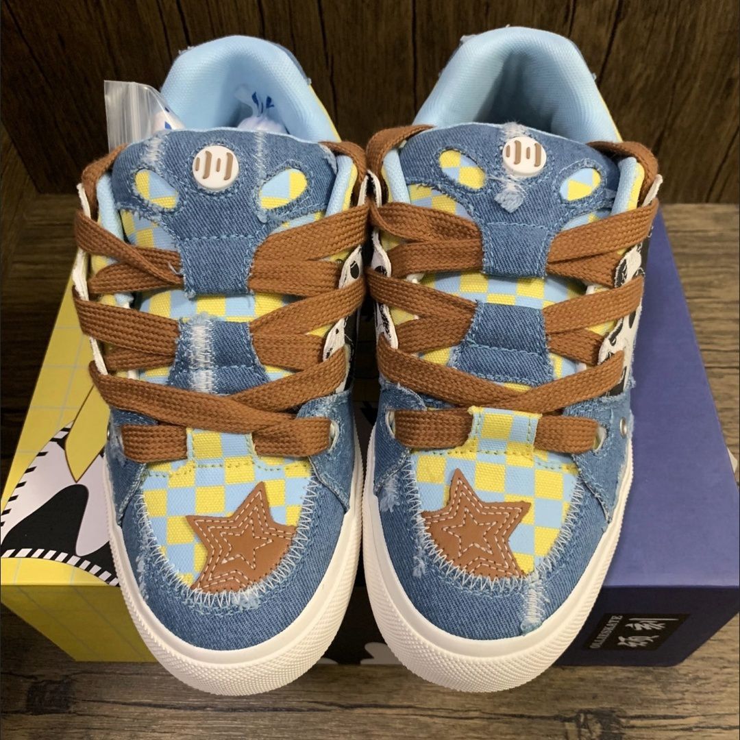 顽刻ollieskate面包鞋奶牛纹牛仔帆布拼接复古BAKE男女休闲滑板鞋