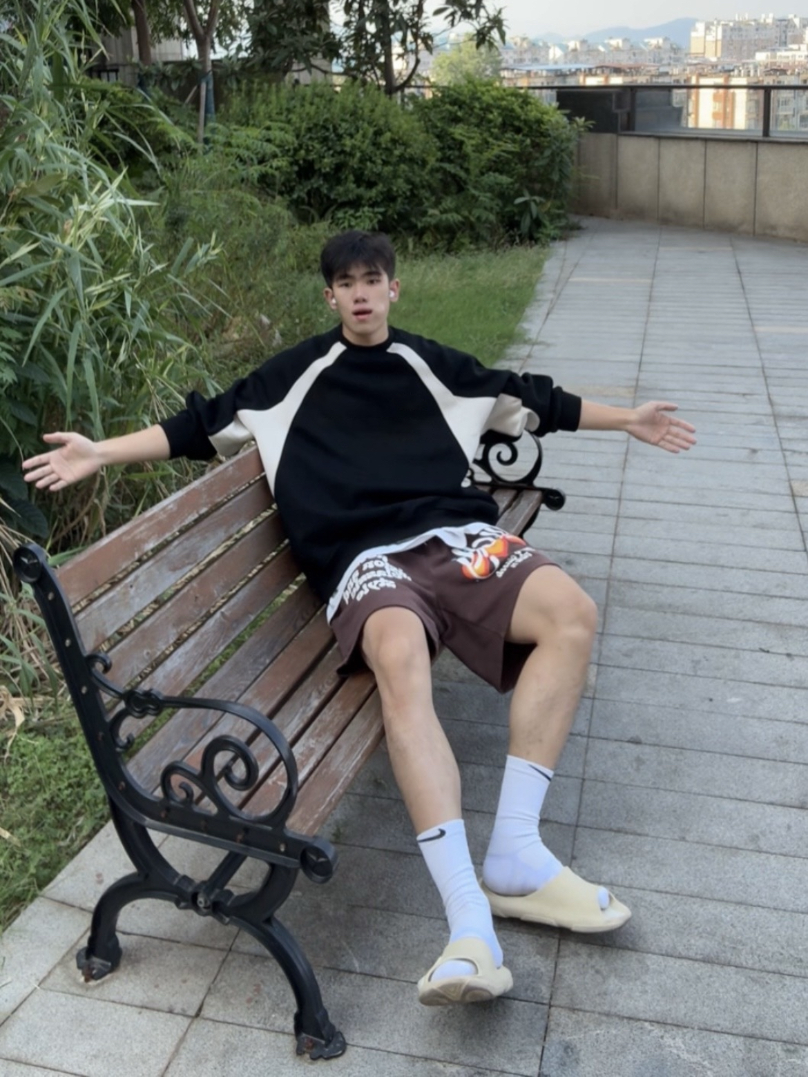 XDFM复古cleanfit重磅圆领落肩卫衣潮牌间色拼接长袖情侣套头上衣