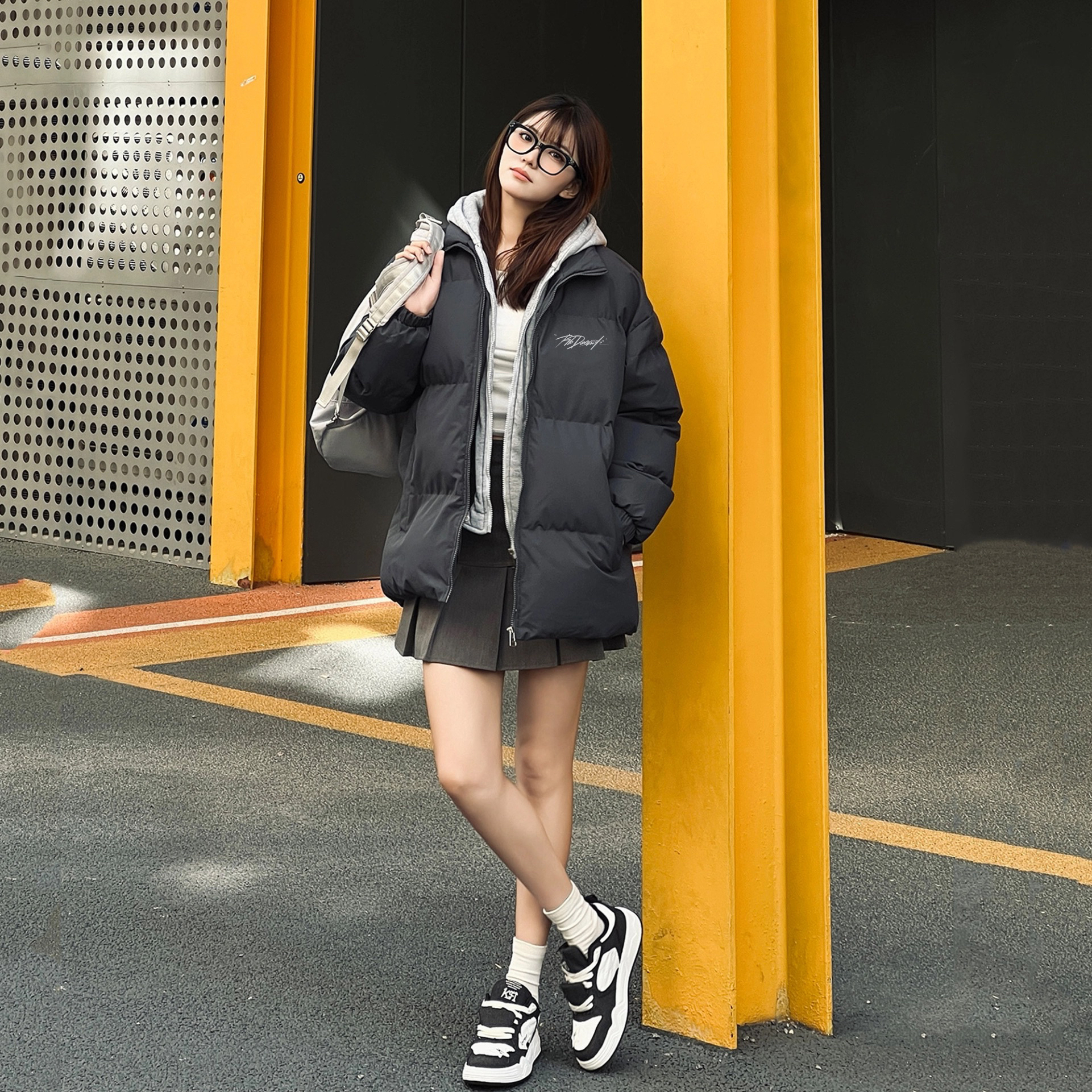 XDFM 美式PD签字加厚拉链宽松保暖棉服可拆卸假两件连帽面包服棉衣
