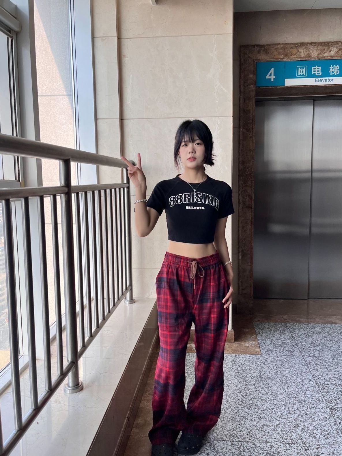 OOTD/撞色格纹直筒阔腿休闲长裤