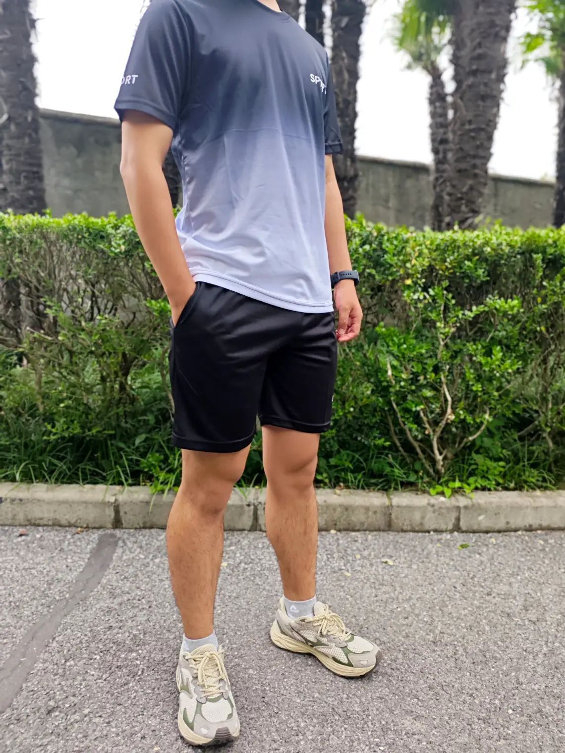 短袖四分裤户外运动夏季美式速干透气渐变数码套装跑步服圆领