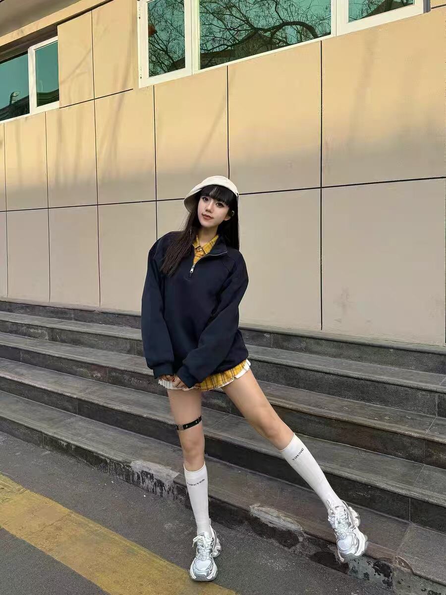 XDFM 美式cleanfit纯色卫衣高街复古外套拼接压边半拉链立领套头