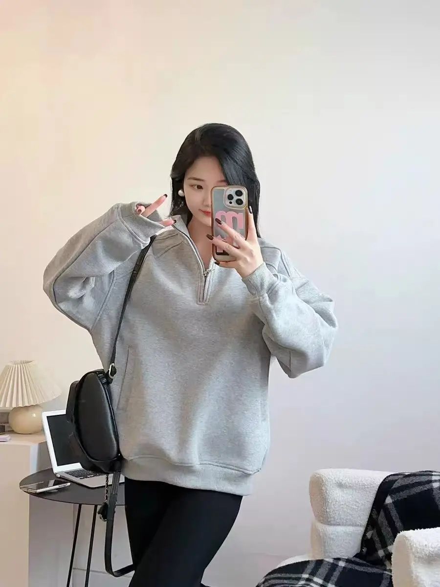 XDFM 美式cleanfit纯色拼接压边高街复古外套半拉链立领套头卫衣