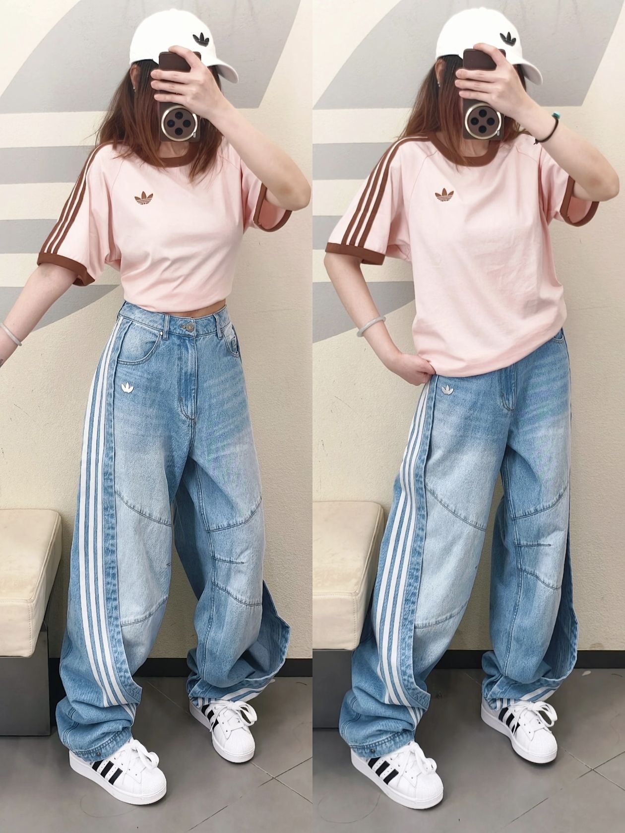 阿迪樱花粉撞色T🌸一件解锁两种风格~