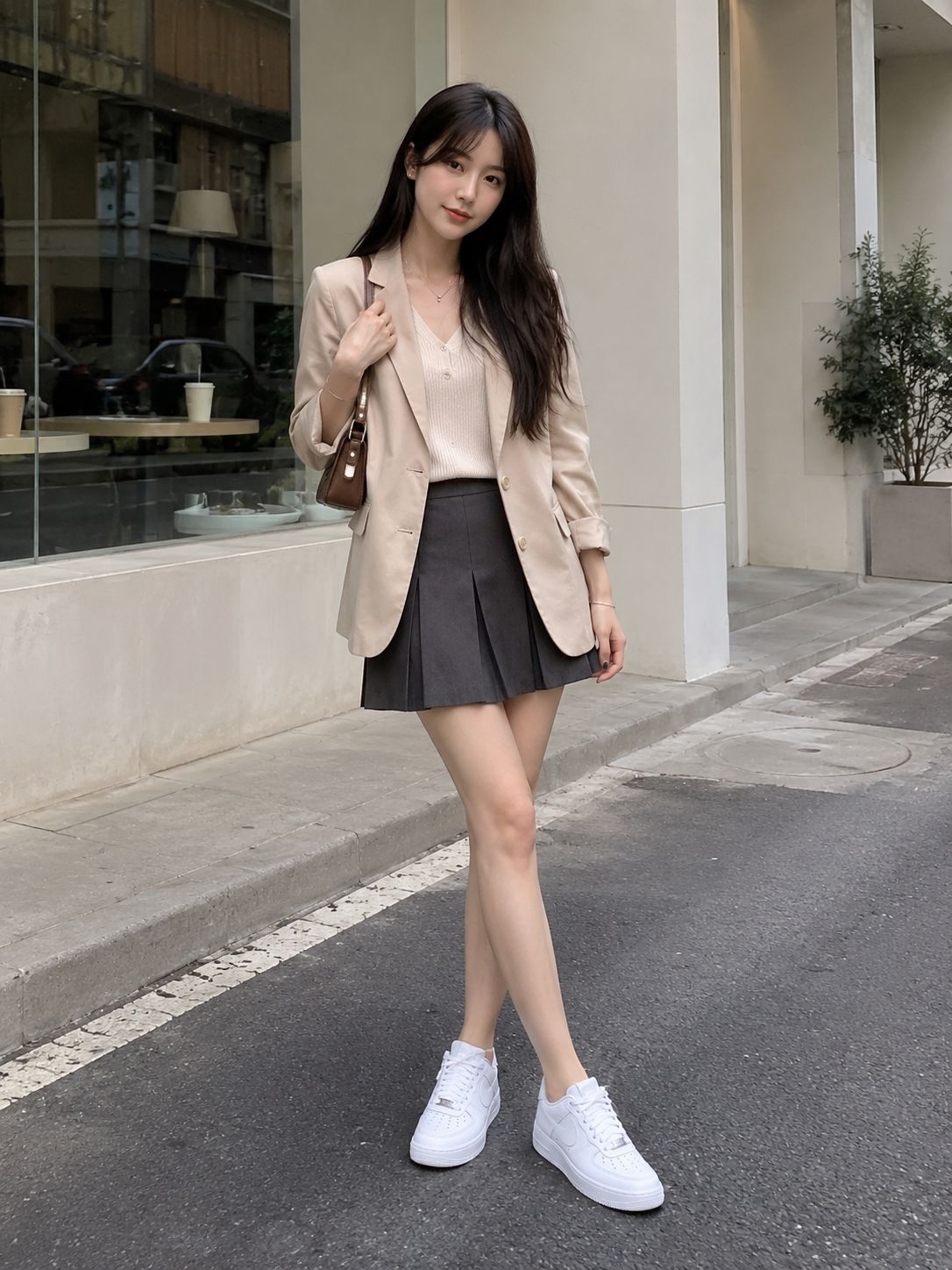 西装混搭学院风穿搭｜浅卡其休闲西装 + 灰色百褶短裙
