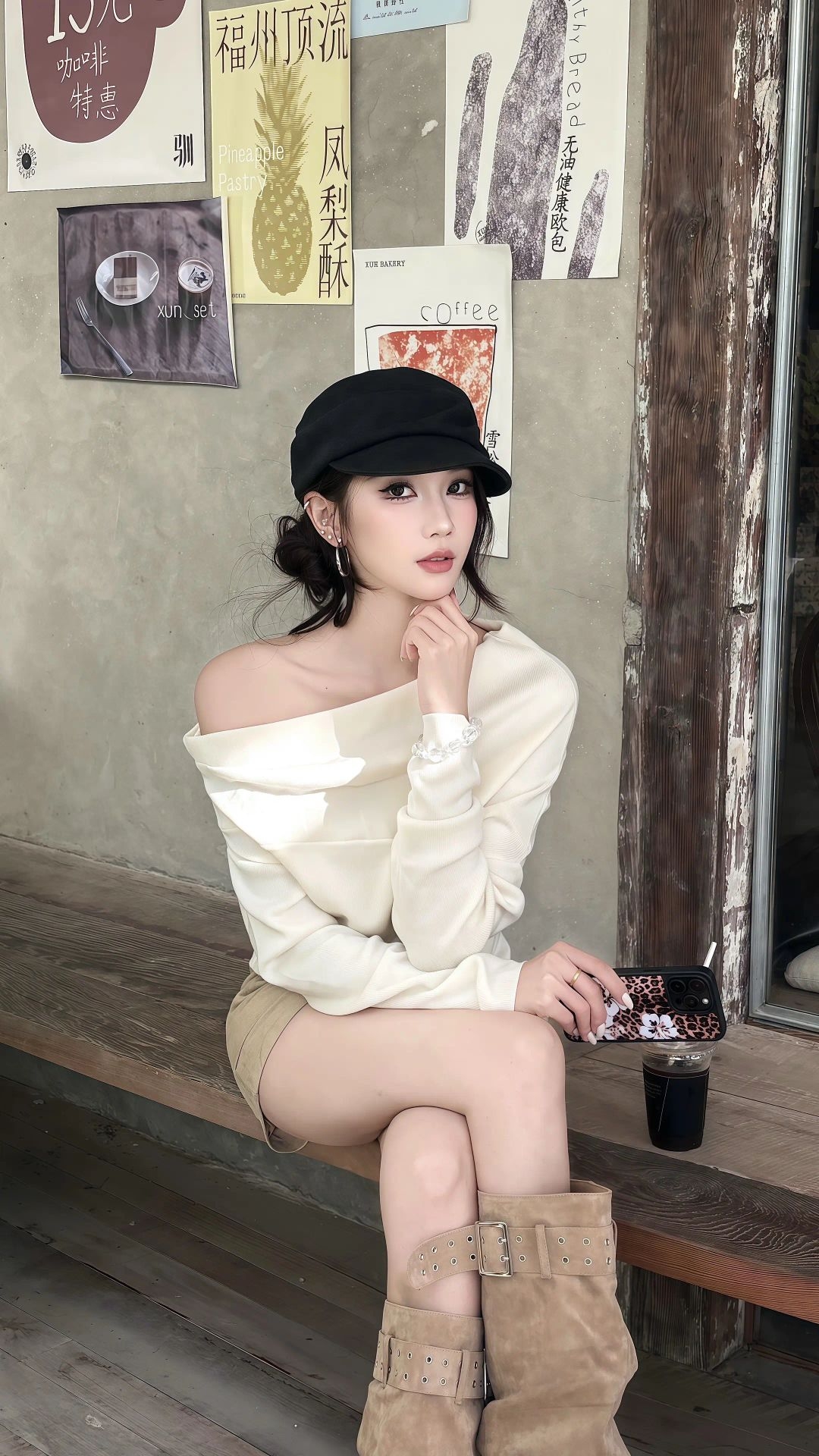 秋日咖啡店出街穿这套米白露肩卫衣配卡其短裤,美式辣妹感拉满