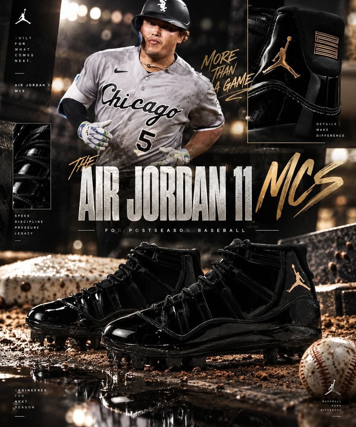 Air Jordan 11 MCS AJ11 黑金漆皮 高帮棒球钉鞋 季后赛主题专业棒球鞋