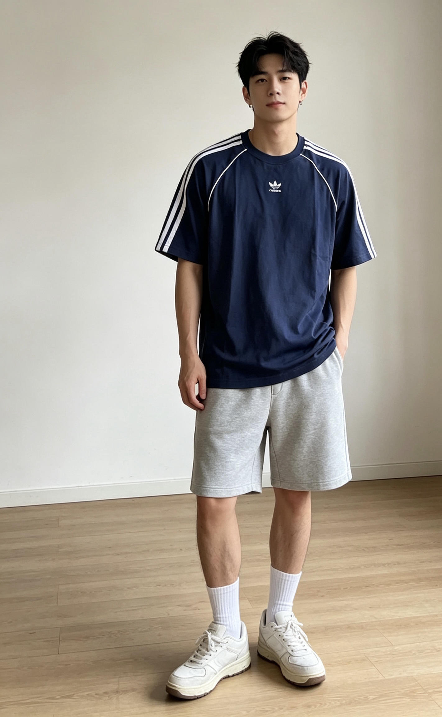 藏蓝三道杠T恤自带街头滤镜，兜风的快乐是
