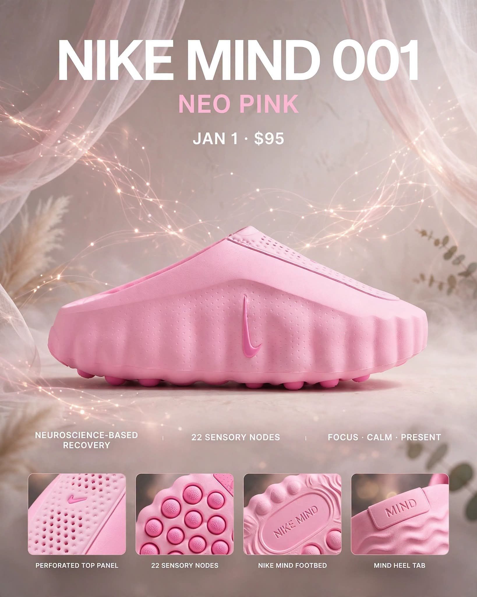 甜酷治愈💖Nike Mind 001 Neo Pink 粉色恢复拖太戳了