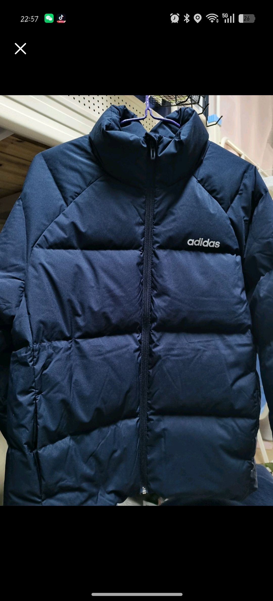 Adidas羽绒服，短款无帽