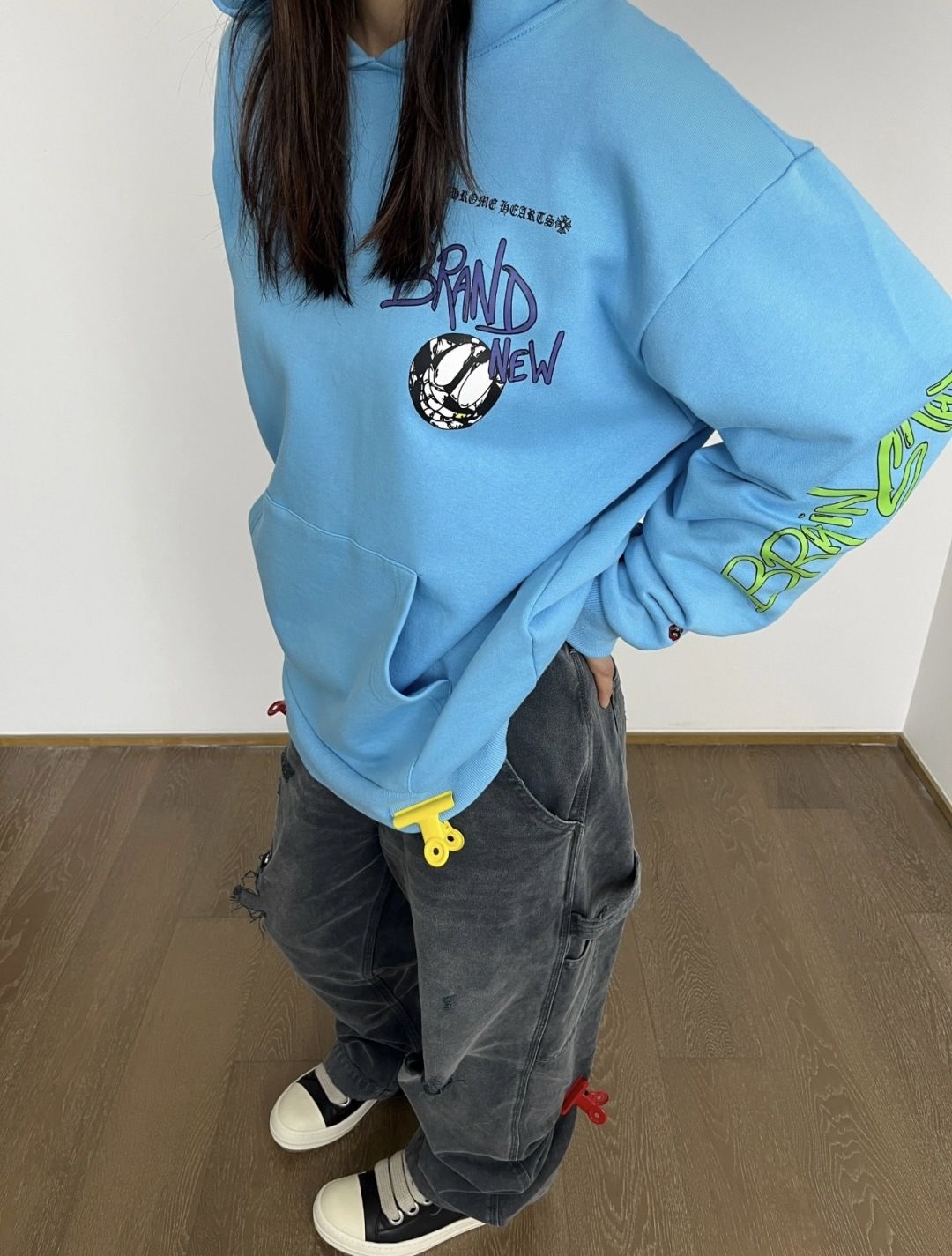 湖蓝色涂鸦连帽卫衣套装 美式高街oversize男女同款