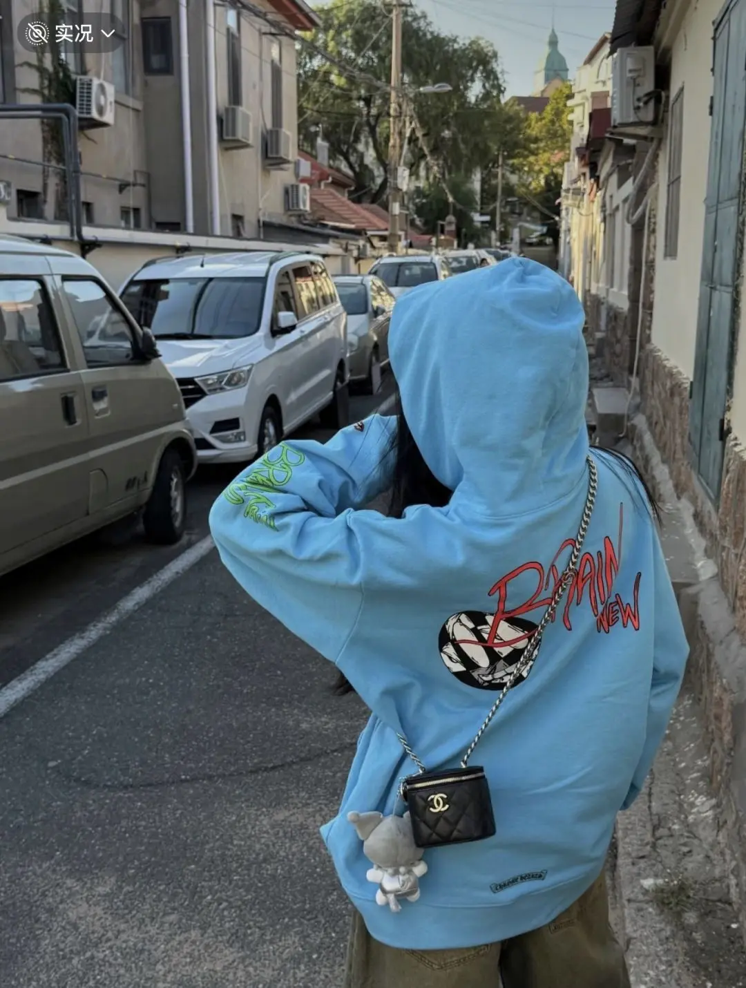 湖蓝色涂鸦连帽卫衣套装 美式高街oversize男女同款