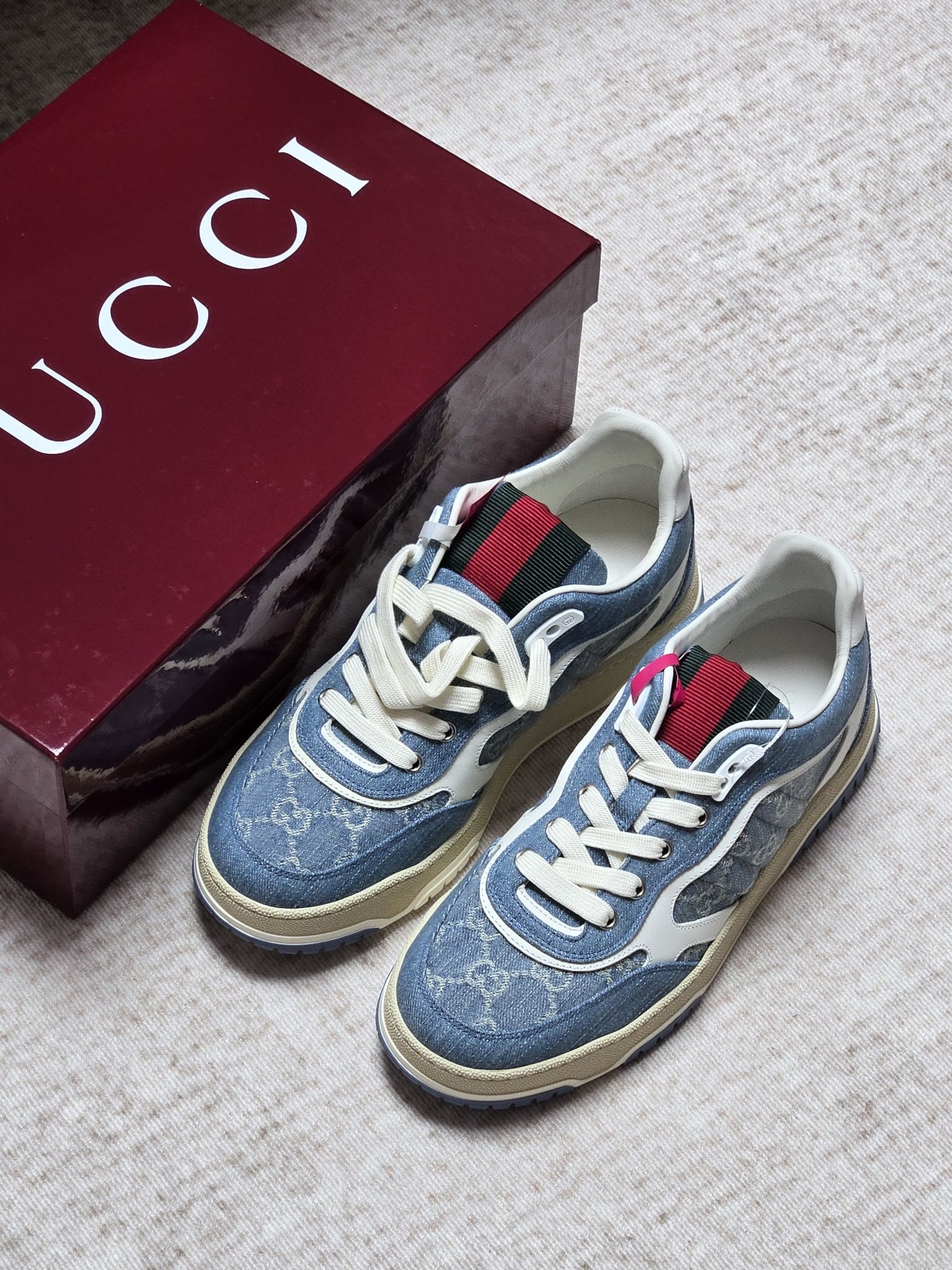 Gucci Re-Web 牛仔GG老花板鞋|复古丹宁轻奢休闲鞋