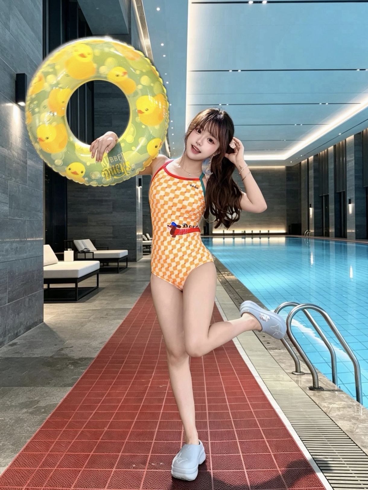 元气格纹泳装