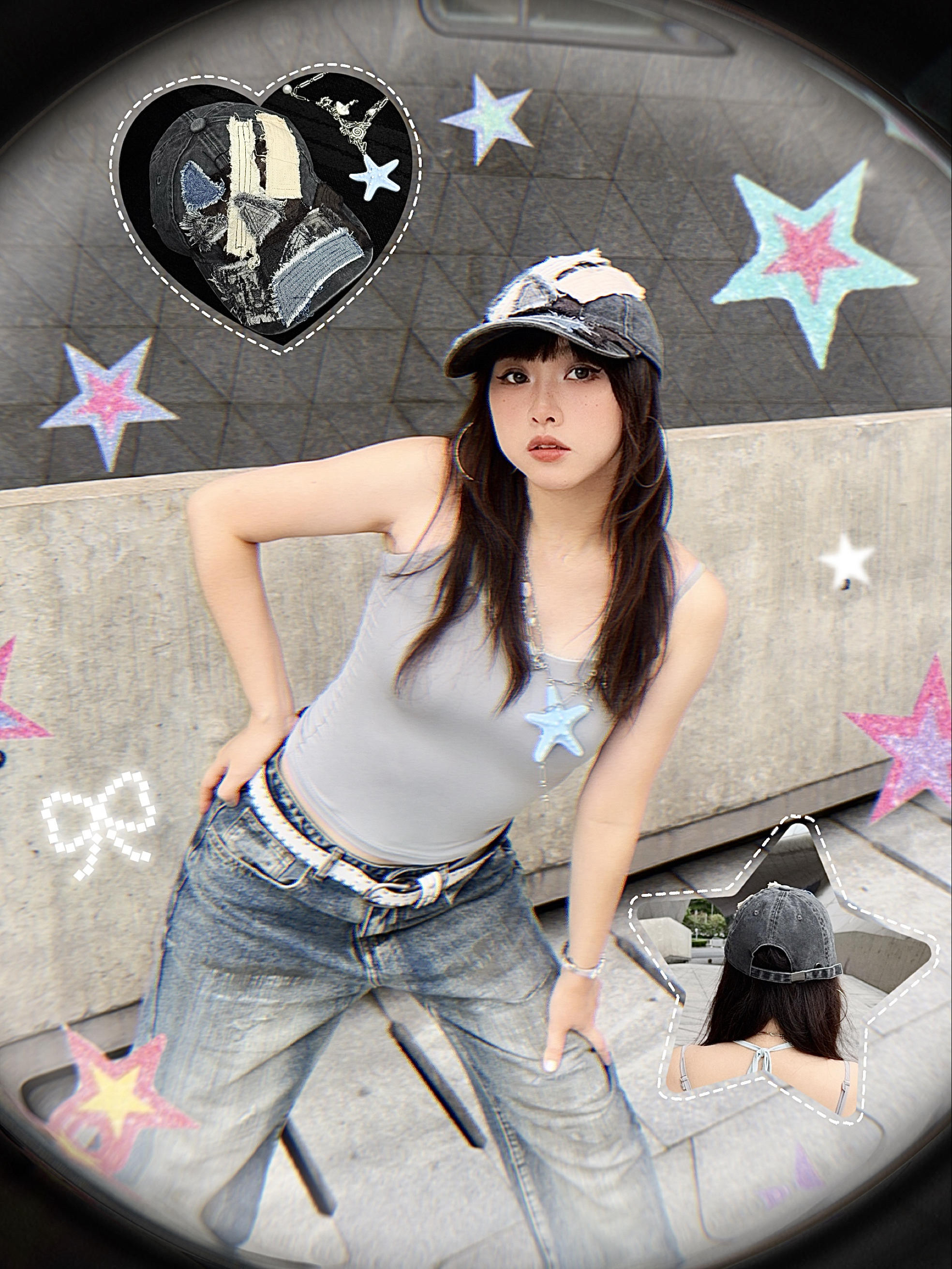 ⋆.˚𖦹⋆✮⋆.Y3K辣妹穿搭🩵📎戴上设计感棒球帽🧢小辣一下