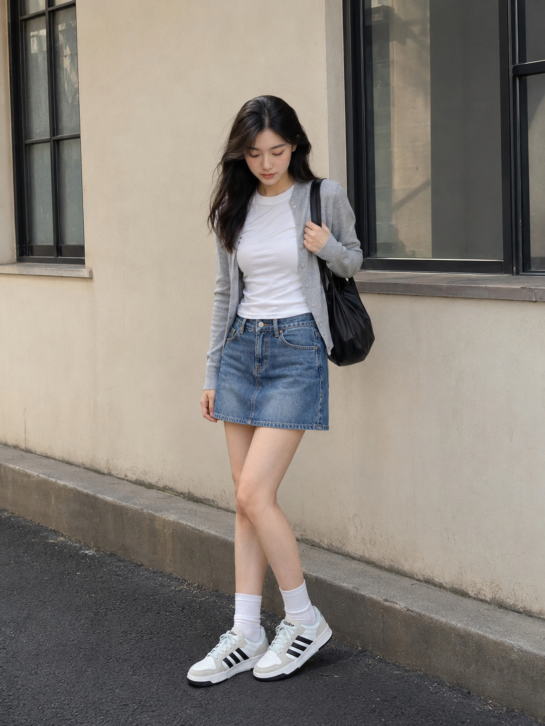 浅灰针织开衫 + 牛仔短裙 清爽韩系休闲穿搭