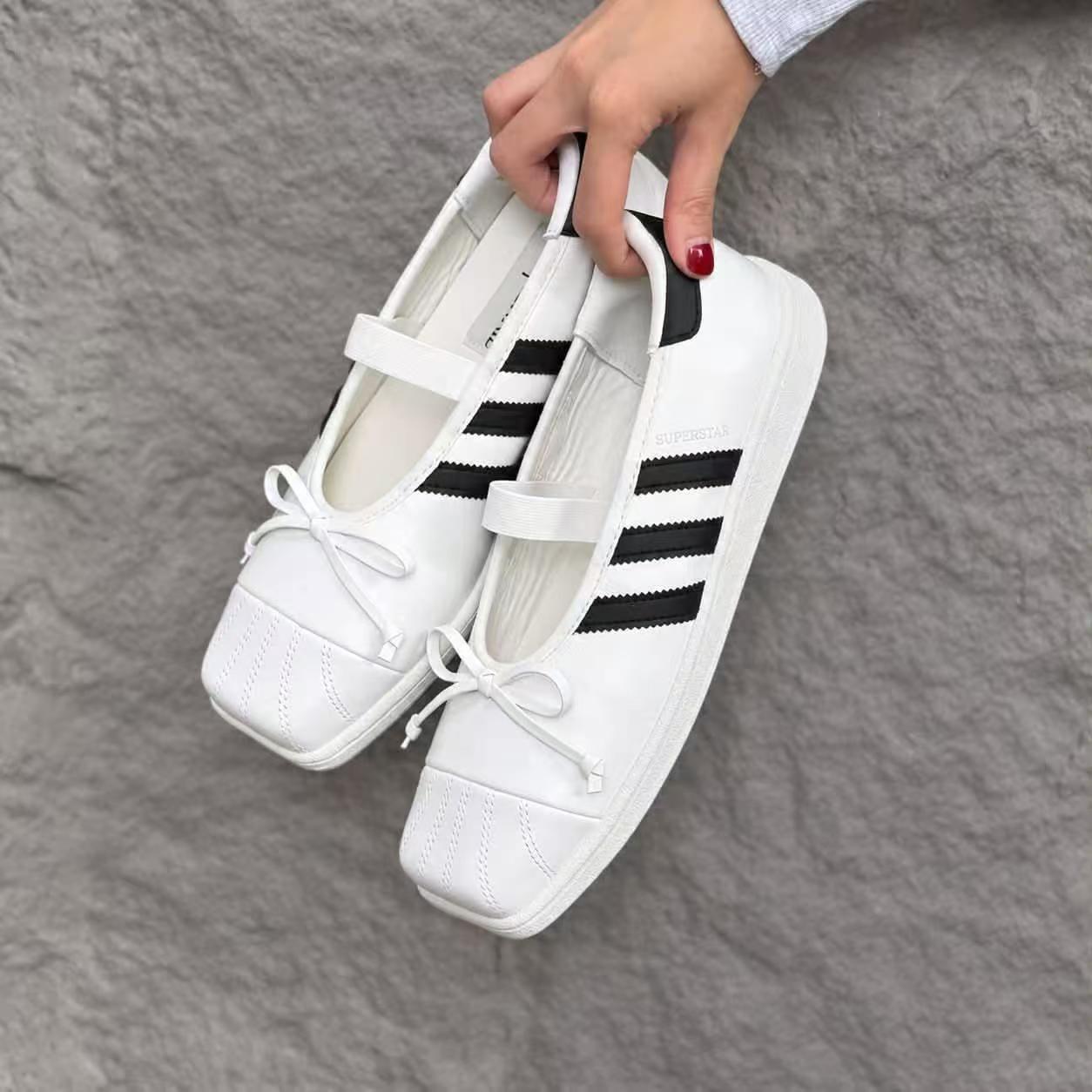 Adidas Superstar 方头玛丽珍贝壳头 黑白蝴蝶结平底休闲鞋