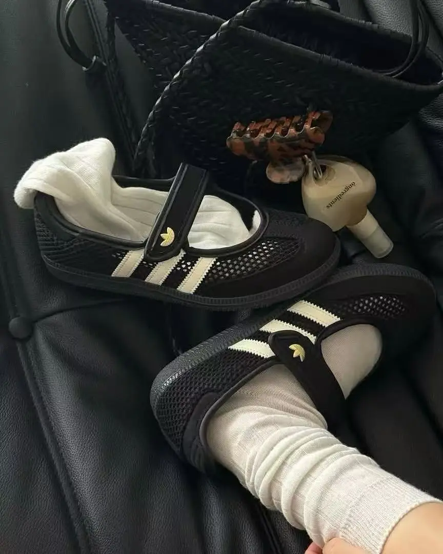 Adidas三叶草 黑色网面玛丽珍 魔术贴低帮休闲板鞋